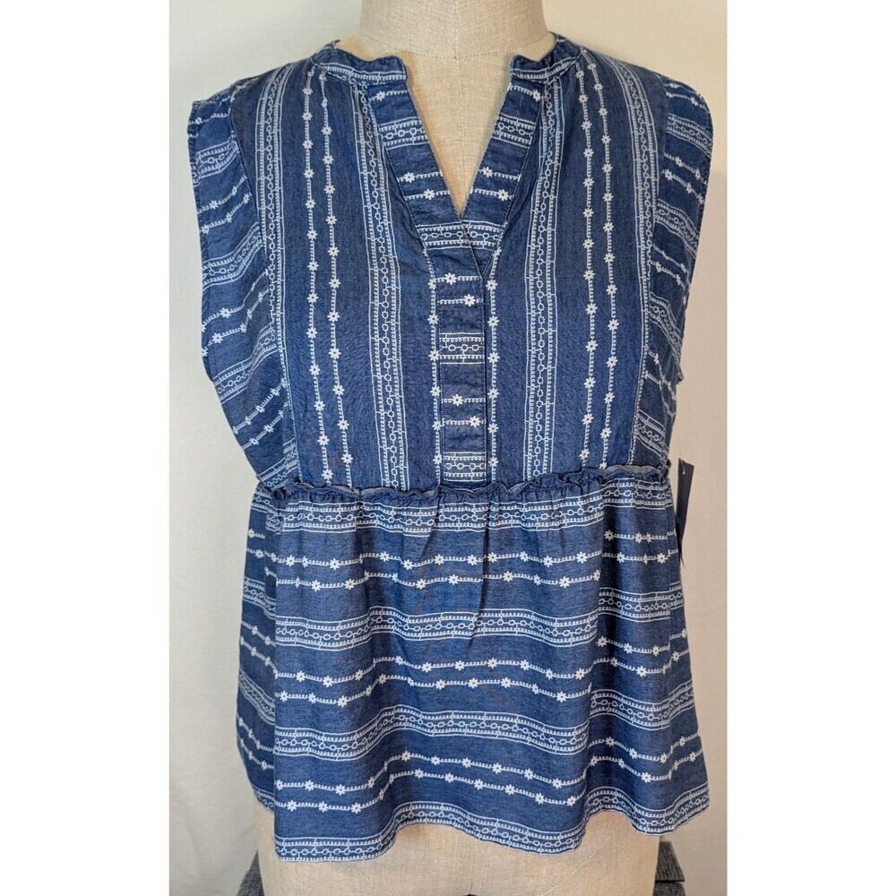 Fever Blue Denim Look Babydoll Top Boho Floral Petite XL New With Tags